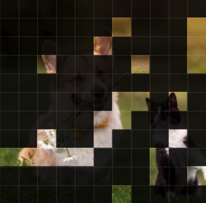 Tokens kept by InfiniPot-V at layer 23: scattered patches across the image.
