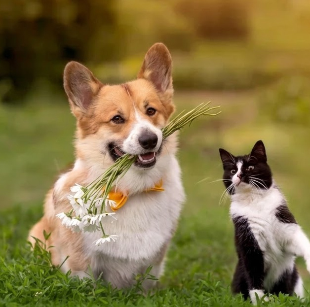 A corgi holding white flowers in its mouth next to a black and white cat on grass.