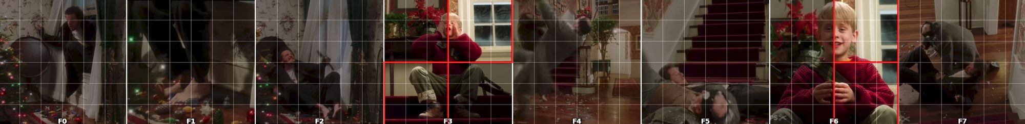 The same eight frames. The routed regions now cover the boy in the fourth and the seventh frame.