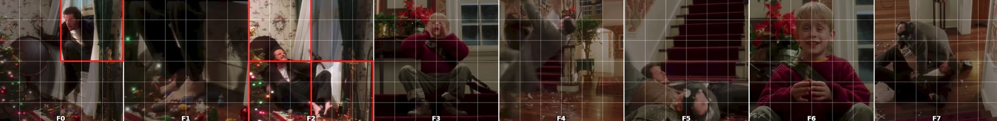 Eight video frames. The routed regions cover the man on the staircase in the first frame and the man lying on the floor in the third frame.